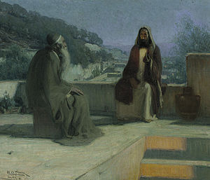 English: Nicodemus and Jesus on a rooftop