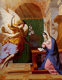The Annunciation by Eustache Le Sueur, an example of 17th-century Marian art. The Angel Gabriel announces to Mary her pregnancy with Jesus