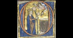 Leaf from a Psalter: Initial D: David in Prayer before an Altar and Christ in a Cloud. "Have mercy on me, O Lord"